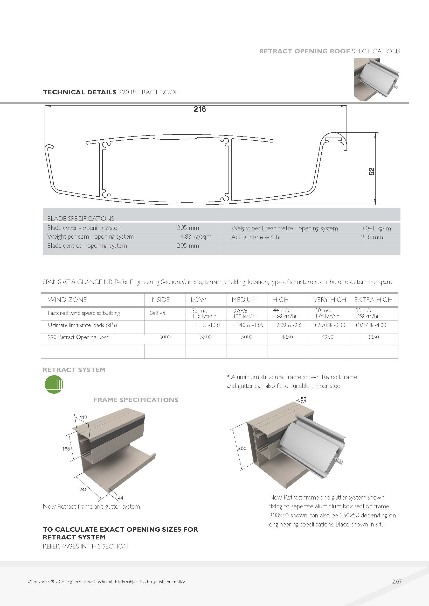 220 Original Retract Roof Specs & Spans