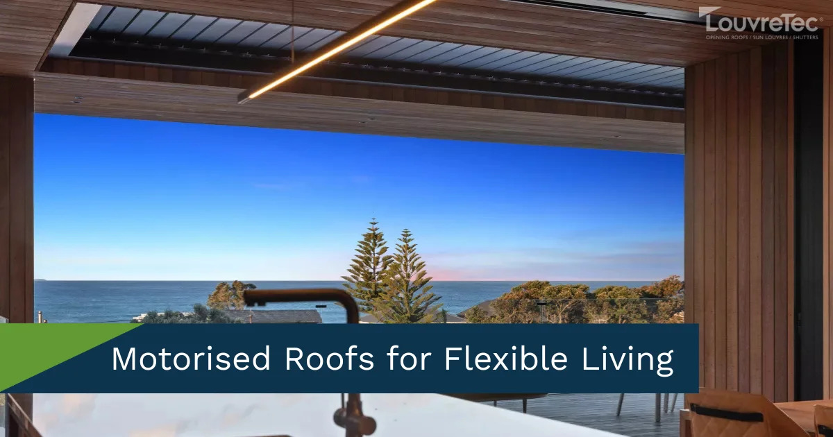 Stylish outdoor patio with a Louvretec opening roof and comfortable seating by the sea.