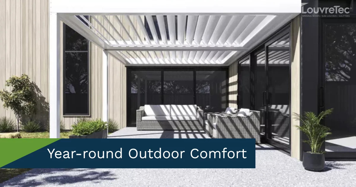 Elegant outdoor dining area under a Louvretec opening roof with stylish furniture.