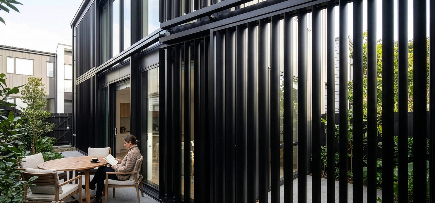 Outdoor canopy side screening in a modern townhouse courtyard, with black sliding louvre shutters beside glass doors and a seated outdoor table area for quiet use.