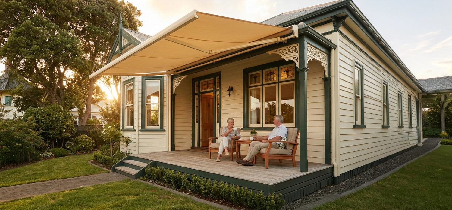 Outdoor canopy in the form of a retractable awning shading a traditional New Zealand villa veranda, where an older couple sits outside on timber seating in late afternoon light.