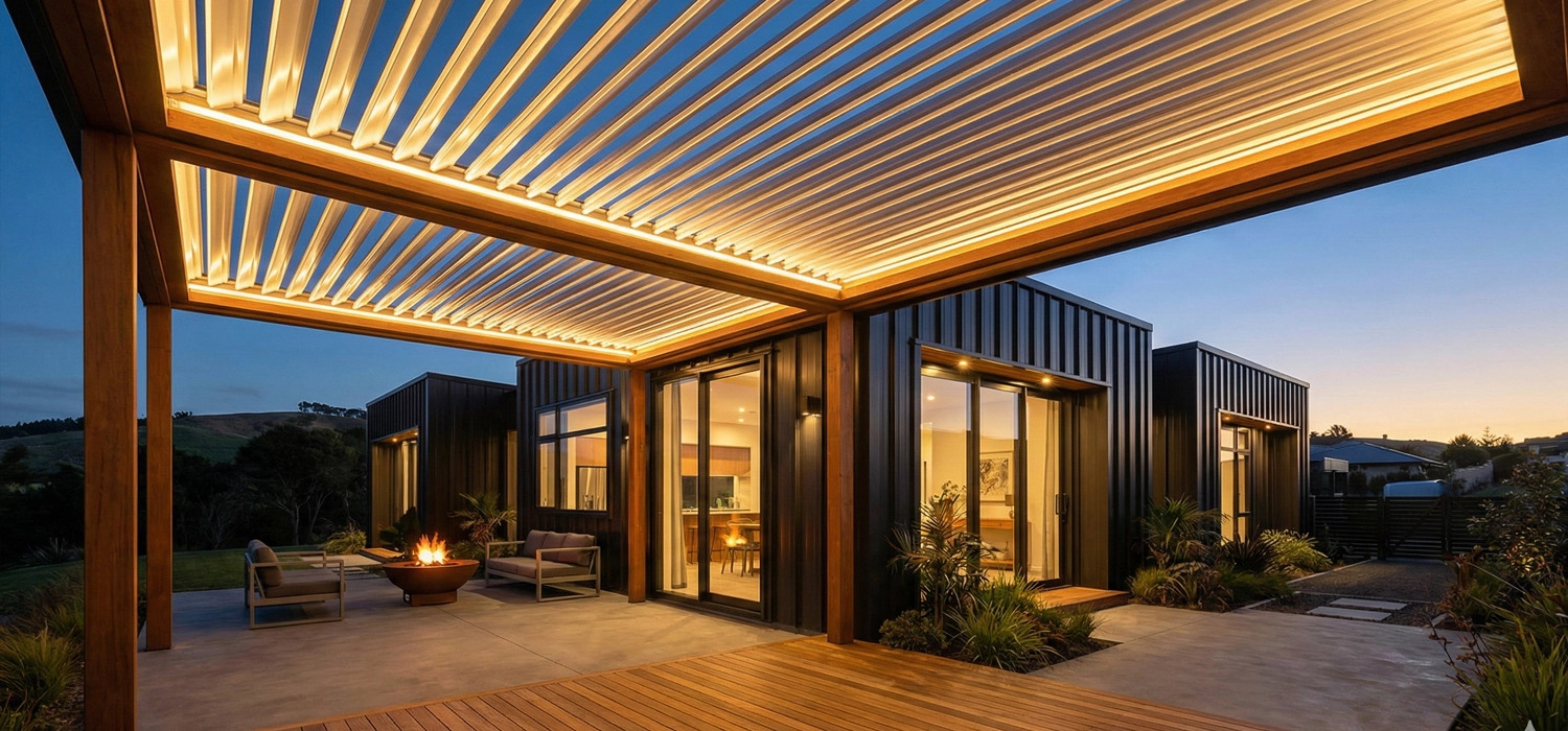 Modern swimming pool area with tall vertical louvres that provide privacy, sun control and wind protection, highlighting common uses of louvres in outdoor spaces.