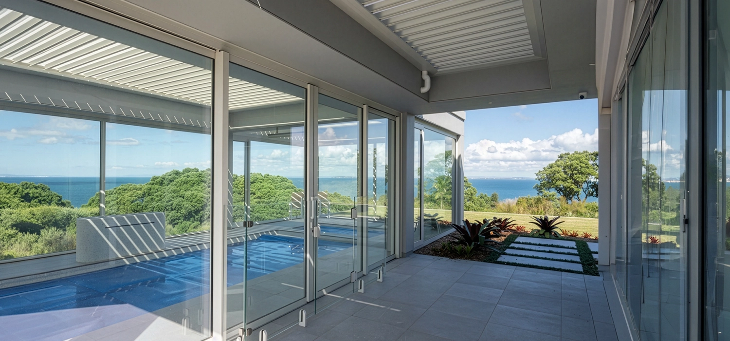 Covered outdoor pool and patio area with a Louvretec opening louvre roof, connected to the home and overlooking the ocean.
