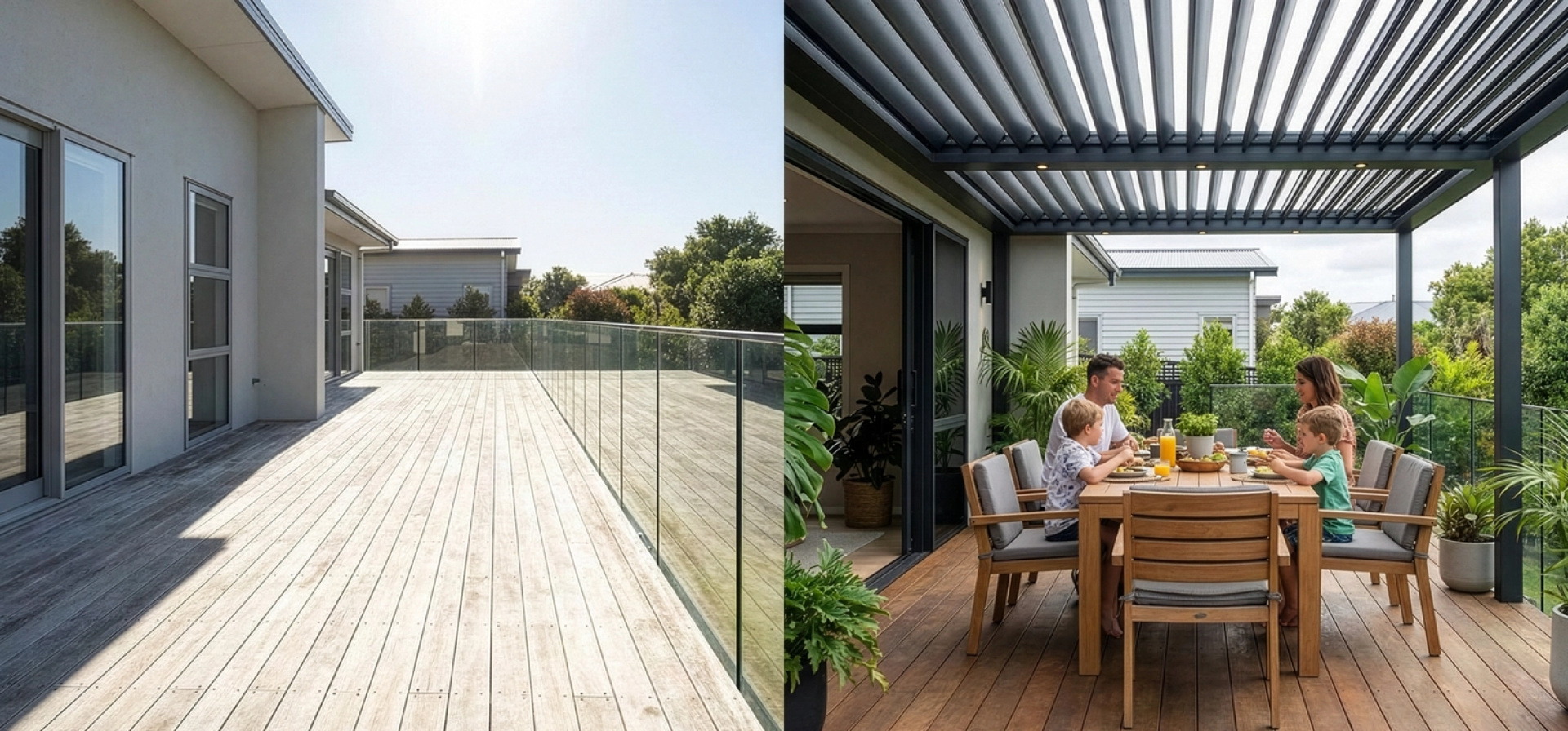 Outdoor canopy transformation shown as a split image: a bare timber deck before, then the same space after with an opening louvre roof above a dining table where a family eats outside.
