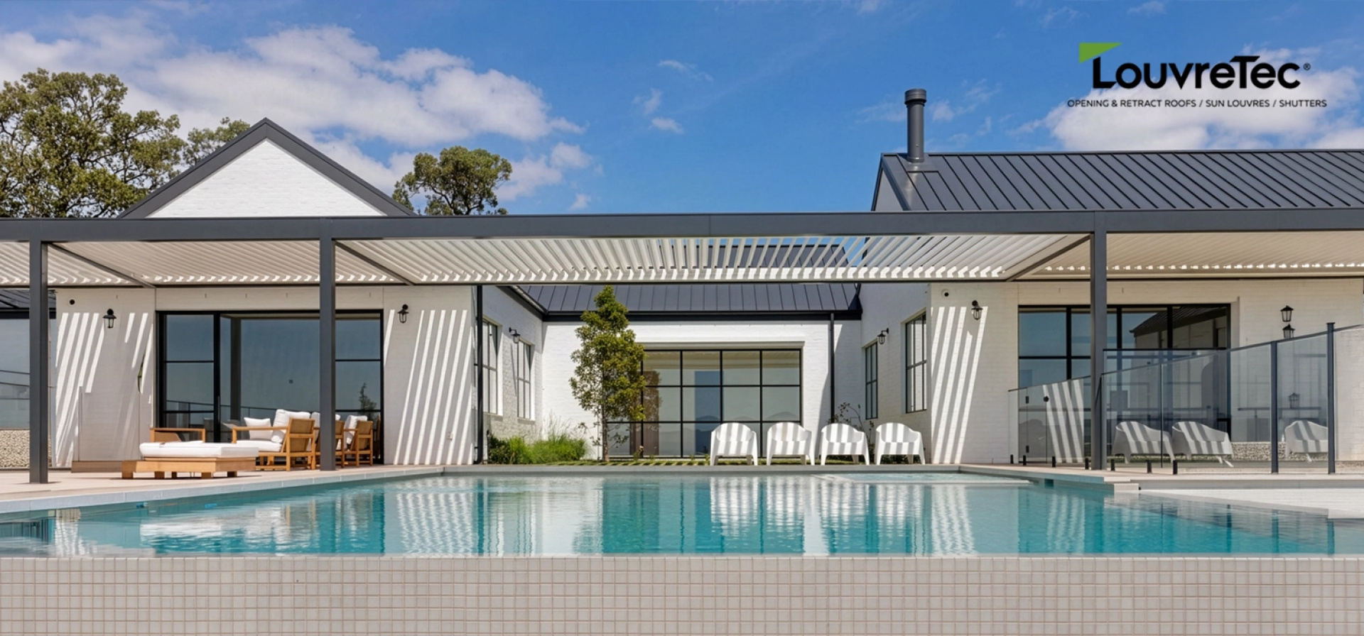 Contemporary home outdoor area with pool and patio, featuring a Louvretec opening louvre roof that provides adjustable shade and airflow.