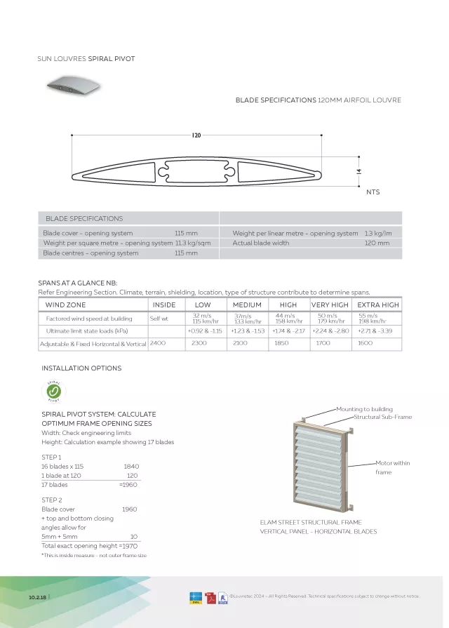 120mm Airfoil Louvre: Spiral Pivot (Motorised & Hand Op)_End Fixed_Bracket Fixed