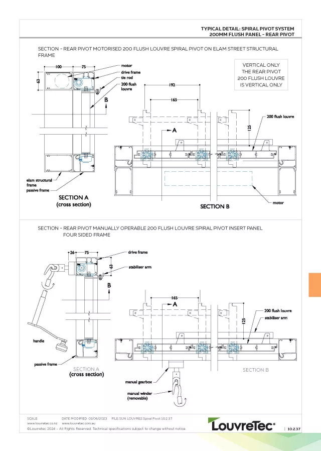Compatible Louvre | 200mm Flush Rectangular Rear Pivot_Motorised & Hand Op | DM 10.2.35