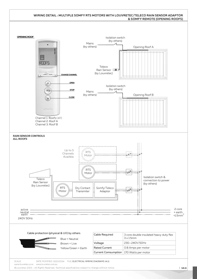 Multiple Somfy RTS Motors  with Rain Sensor Adaptor & Remote (Opening Roofs) | DM 14.11