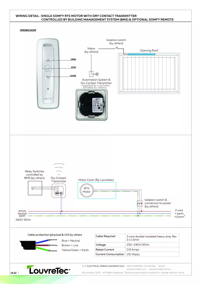Single Somfy RTS Motor w Dry Contact Transmitter controlled by Building Management System BMS & optional Somfy Remote| DM 14.22
