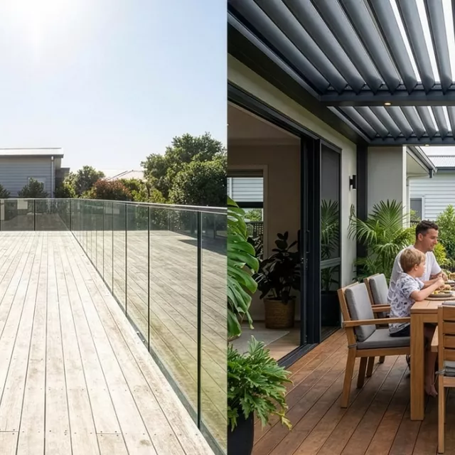Outdoor canopy transformation shown as a split image: a bare timber deck before, then the same space after with an opening louvre roof above a dining table where a family eats outside.