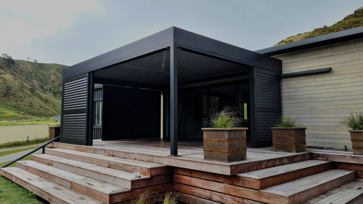 Opening Roof & Shutters creating an Outdoor Room, by Louvretec Gisborne