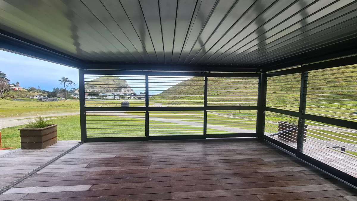 Opening Roof & Shutters creating an Outdoor Room, by Louvretec Gisborne