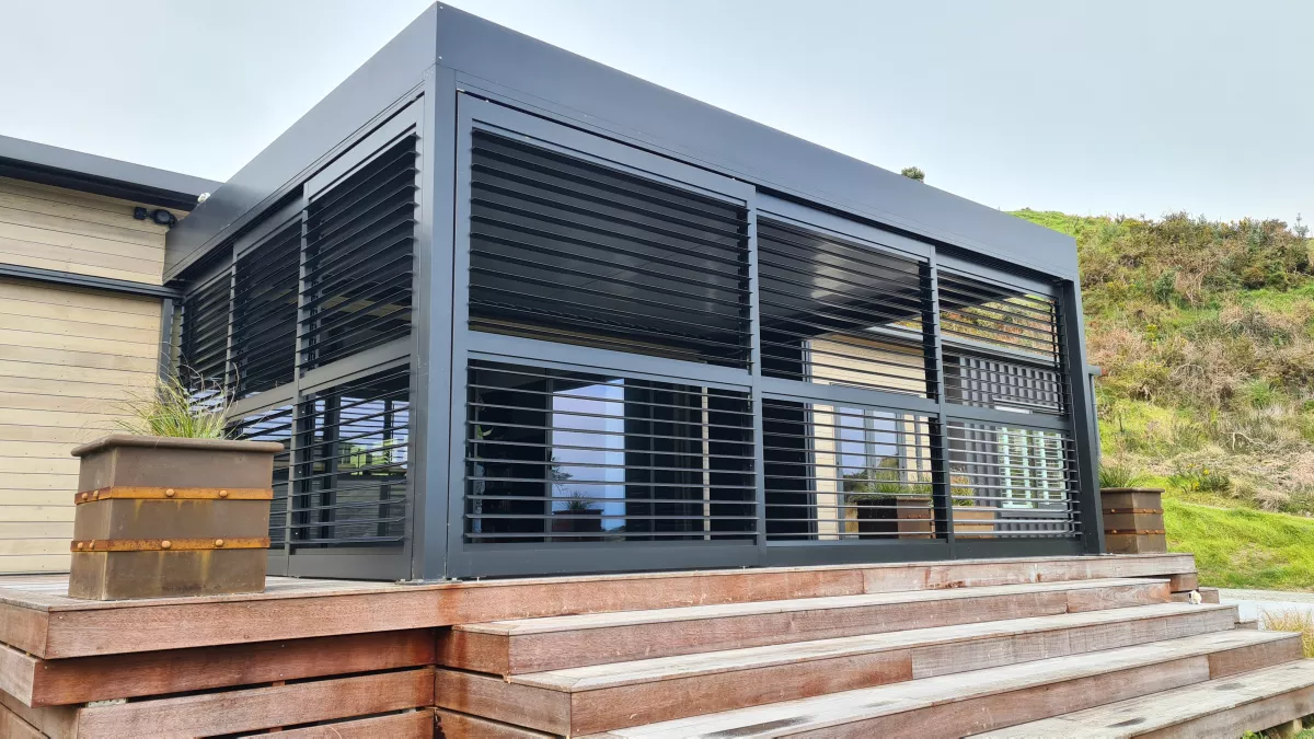Opening Roof & Shutters creating an Outdoor Room, by Louvretec Gisborne