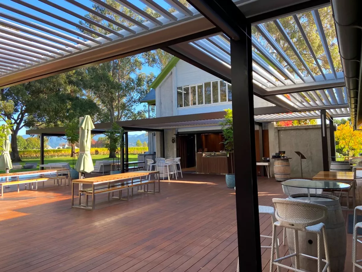 Dine Alfresco! Motorised Opening Roofs at Cloudy Bay Vineyard. By Louvretec Blenheim